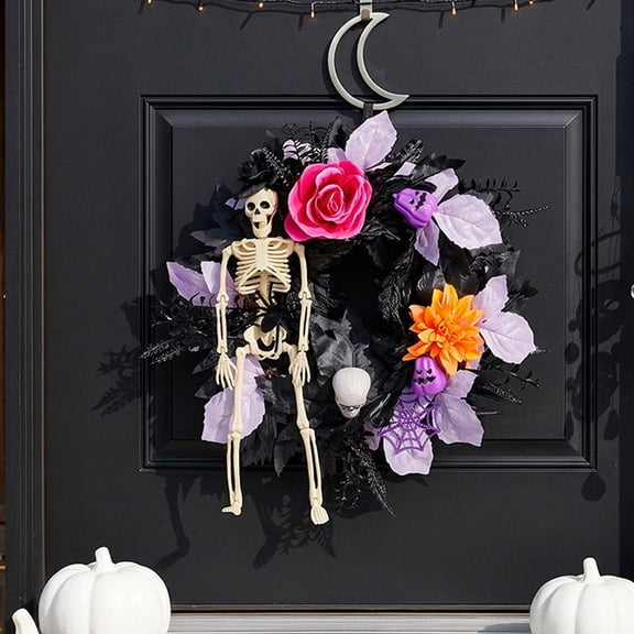 Pnmtdaia Halloween Black Maple Leaf Artificial Floral Wreath with Mini Skeleton Decor, Spooky Gothic Rose Wreath Hanging Ornament for Front Door Porch Wall Window Spooky House Party Decoration
