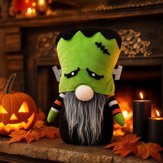 Pnmtdaia Halloween Faceless Gnome Plush Decor, Green Frankenstein Spooky Stuffed Dwarf Figurine with Gray Long Beard for Halloween Home Indoor Party Decoration