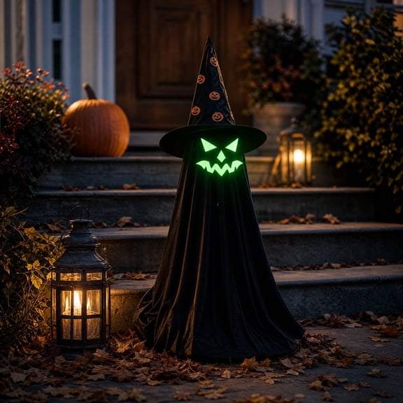 Pnmtdaia Halloween Glowing Round Smile Face Witch Ghost Fabric Decoration, Black Cloth Robe Luminous Pointed Witch Hat Tabletop Statue for Home Halloween Shelf Desktop Holiday Display