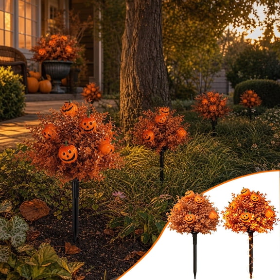 Pnmtdaia Halloween Glowing Sequined Pumpkin Tabletop Tree Stake, Artificial Orange Tinsel Mini Tree with Warm LED Lights Jack O Lantern Accent for Home Porch Halloween Holiday Display