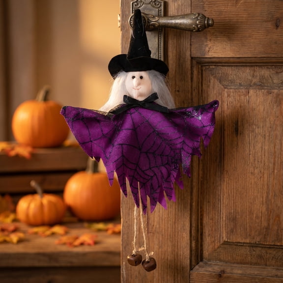 Pnmtdaia Halloween Hanging Purple Witch Ornament, White Long Hair Purple Tattered Robe Plush Doll Pendant with Bells, Home Door Window Wall Spooky Themed Holiday Decor
