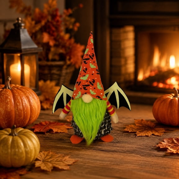 Pnmtdaia Halloween Horned Viking Hat Faceless Gnome Plush Ornament, Handmade Tomte Dwarf Doll with Long Orange Beard for Home Desktop Shelf Mantel Halloween Party Holiday Decor