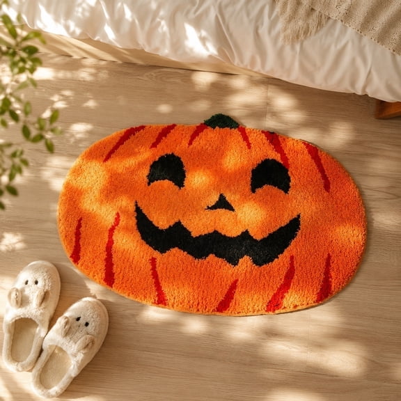 Pnmtdaia Halloween Jack O Lantern Pumpkin Shaped Floor Rug, Soft Absorbent Non-Slip Tufted Doormat, Spooky Smile Face Plush Entrance Carpet for Home Bathroom Kitchen Indoor Halloween Decor