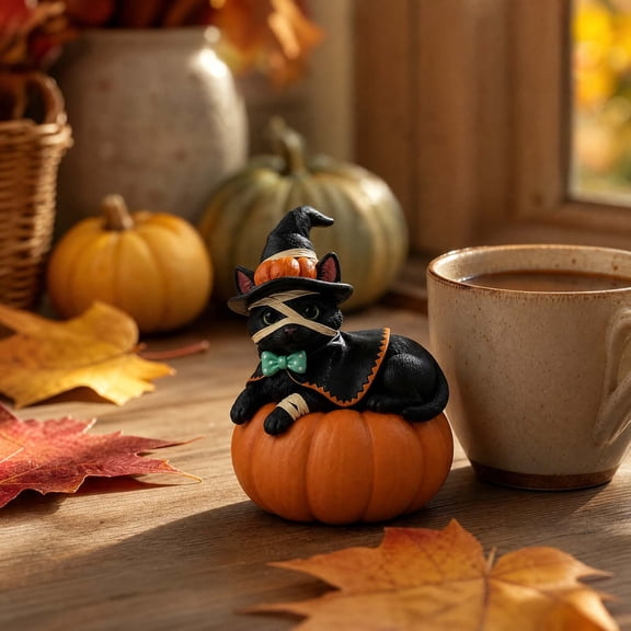 Pnmtdaia Halloween Mummy Black Cat Resin Figurine, Black Cat with Witch Hat Green Bow Lying on Jack O Lantern Pumpkin Statue, Spooky Season Desktop Ornament for Home Halloween Party Decor