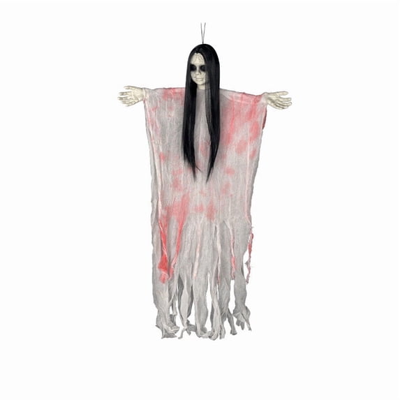 Pnmtdaia Halloween Scary Hanging Female Ghost Prop, Long Black Hair Creepy Specter with Glowing Dark Eyes, Tattered Torn Robe Spooky Hanging for Spooky House Yard Halloween Party Scene Layout