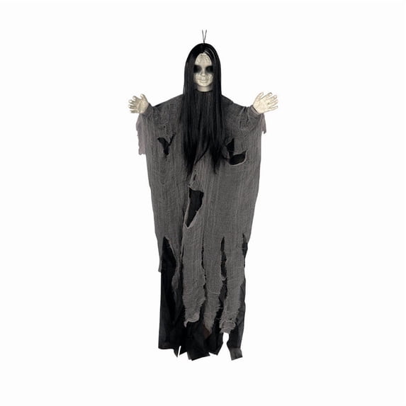 Pnmtdaia Halloween Scary Hanging Female Ghost Prop, Long Black Hair Creepy Specter with Glowing Dark Eyes, Tattered Torn Robe Spooky Hanging for Spooky House Yard Halloween Party Scene Layout
