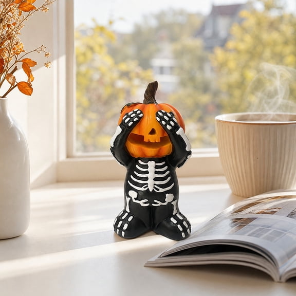 Pnmtdaia Halloween No See Evil Kneeling Pumpkin Skeleton Ornament, Spooky Resin Statue Covering Eyes for Halloween Themed Tabletop Countertop Display Decor