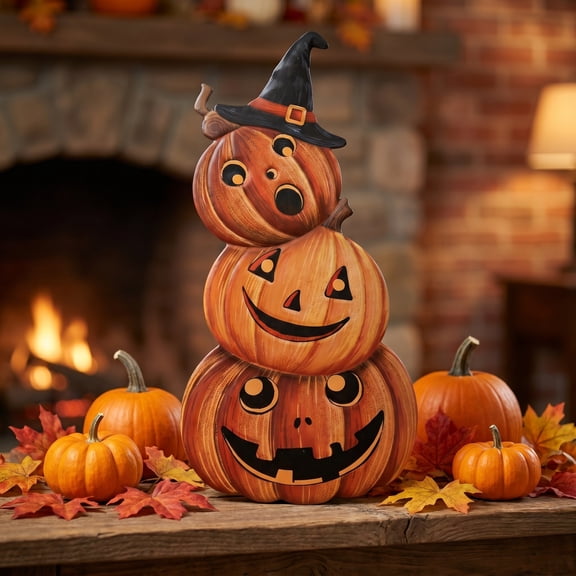 Pnmtdaia Halloween Stacked 3 Tier Pumpkin Witch Hat Metal Sign, Spooky Retro Cast Iron Style Wall & Tabletop Decor for Home Halloween Themed Party Display