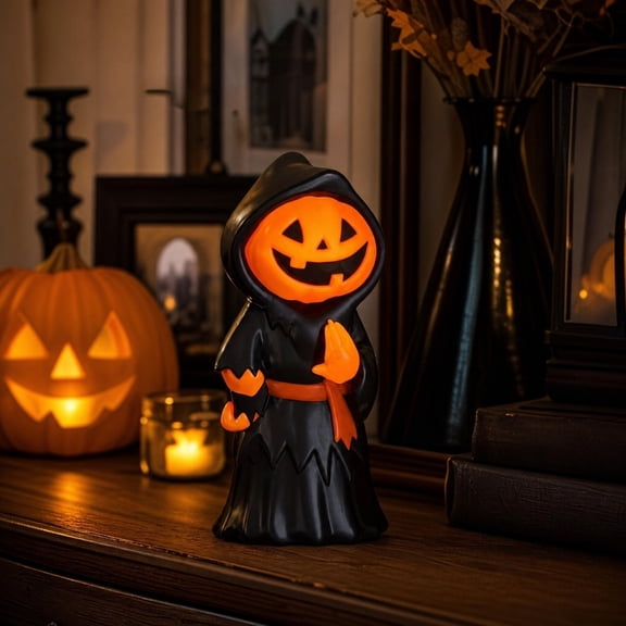 Pnmtdaia Halloween Standing Pumpkin Head Wizard Figurine, Resin Spooky Smiling Jack-o'-Lantern Black Robe Mini Statue for Desktop Shelf Halloween Home Party Tabletop Decor