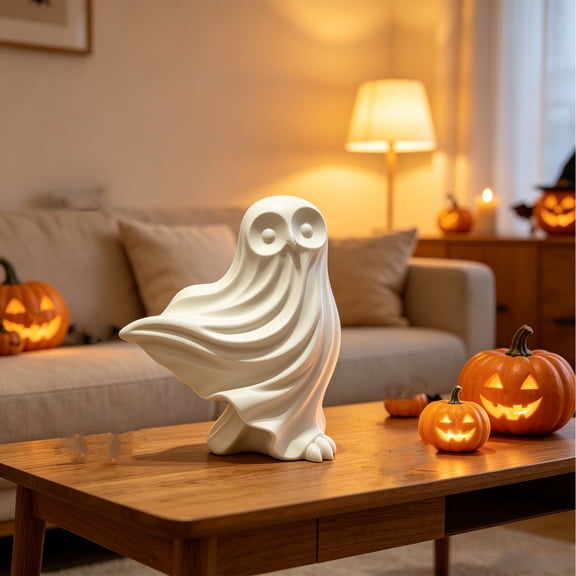Pnmtdaia Halloween White Ghost Shaped Resin Statue Matte Smooth Spooky Spirit Desktop Ornament Hand Carved Decorative Figurine for Gothic Home Tabletop Display Decor