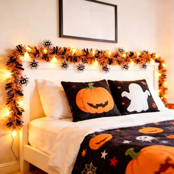 Pnmtdaia Orange Black Pumpkin Decor LED Light Up Halloween Choker Necklace, Soft Shiny Tinsel Wrapped Glowing Costume Accessory for Halloween Masquerade Cosplay Party Spooky Atmosphere Decor
