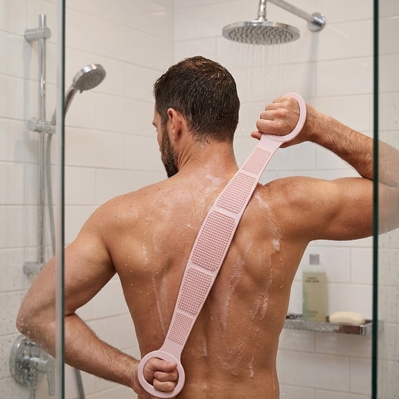 Pnmtdaia Pink Scrubber Strap for Shower, Dual Sides Exfoliating Loofah Bath Belt with Non-Slip Handle, Portable Deep Skin Cleansing Exfoliator Wash Cloth for Back Knee Shoulder