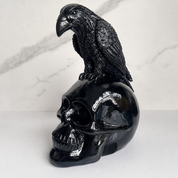 Pnmtdaia Polished Black Resin Crow Perched on Human Skull Statue, Gothic Dark Spooky Halloween Raven Skeleton Sculpture Decor for Home Desktop Party Holiday Display Ornament