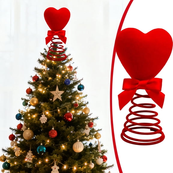 Pnmtdaia Red Velvet Heart Spring Tree Topper, Glittery Plush Love Heart with Bow Accent Festive Tabletop and Christmas Tree Top Decoration for Valentine's Day Anniversary Holiday Home Decor