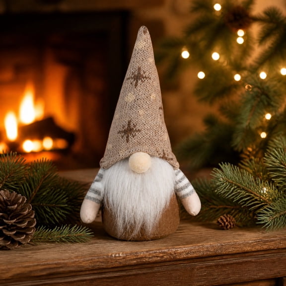 Pnmtdaia Rustic Brown Base Christmas Gnome Plush Figurine, Star Pattern Linen Hat Faceless Scandinavian Tomte, Soft Stuffed Winter Festive Desktop Display Decor