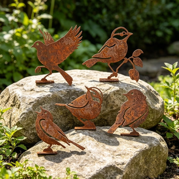 Pnmtdaia Rustic Metal Bird Silhouette Garden Decor Set of 5 Weather Resistant Rusted Steel Bird Art Hanging Ornament for Yard Patio Fence Tree Outdoor Decoration
