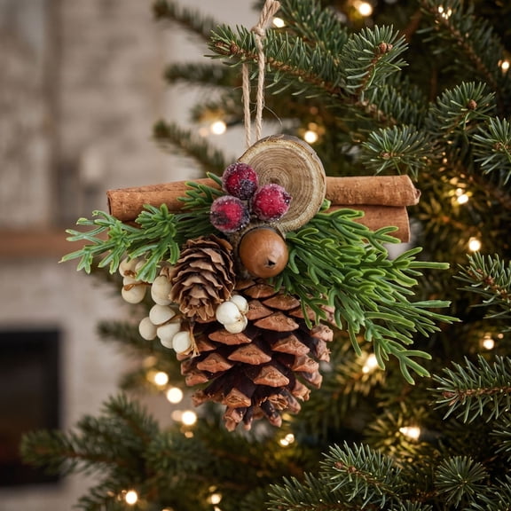 Pnmtdaia Rustic Pine Cone Christmas Hanging Ornament with Cinnamon Stick, Faux Greenery Red Berry Cotton Accent, Farmhouse Xmas Tree Decor for Holiday Home Wreath Mantel Decoration