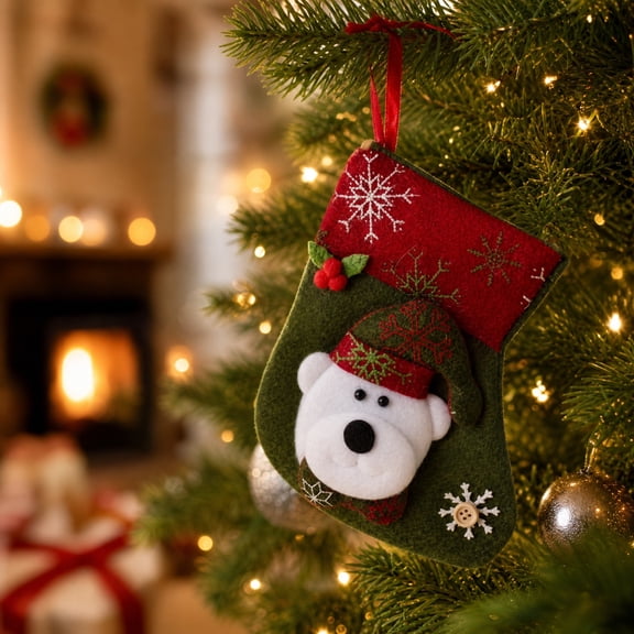 Pnmtdaia Small Plush Bear Christmas Stocking Vintage Snowflake Pattern Hanging Xmas Candy Gift Bag for Tree Fireplace Holiday Party Decoration