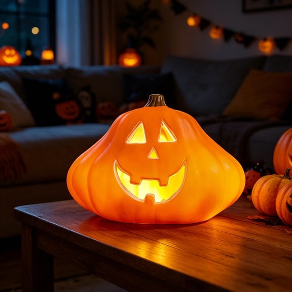 Pnmtdaia Wide Irregular Shape Light Up Halloween Jack O Lantern, Funny Smiling Face LED Glowing Pumpkin Lamp, Realistic Bright Orange Pumpkin Decor for Tabletop Porch Halloween Party Decoration