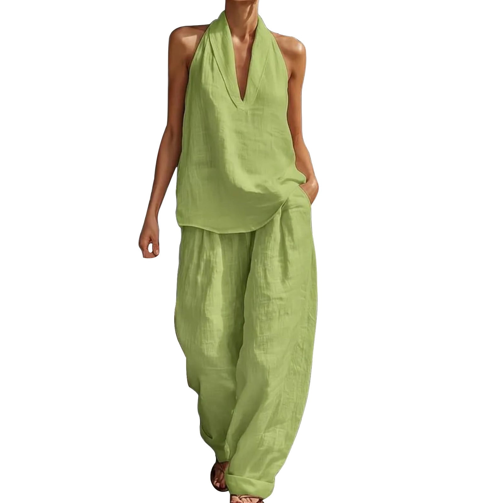 Pnnjnp 2 Piece Linen Set For Women Petite Halter V Neck Vest Top ...