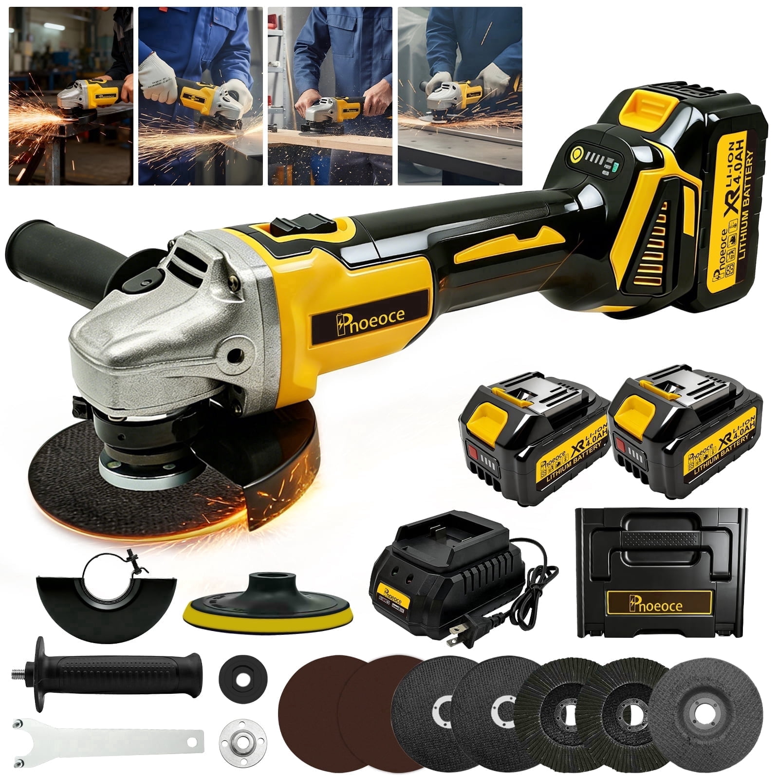 Pnoeoce 20V Cordless Angle Grinder, 5-inch Grinder Tool with 2x 4Ah Batteries, Cutting and Grinding Wheels and Flap Discs Included.