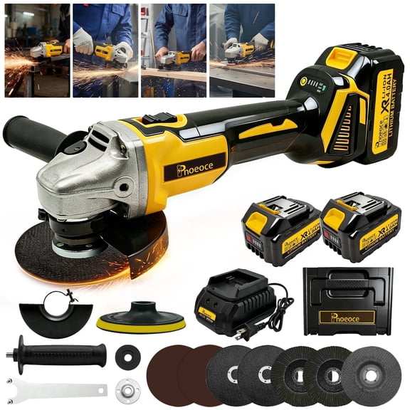 Pnoeoce 20V Cordless Angle Grinder, 5-inch Grinder Tool with 2x 4Ah Batteries, Cutting and Grinding Wheels and Flap Discs Included.