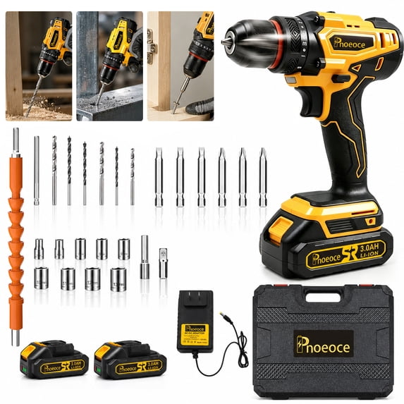 Pnoeoce 20V Cordless Drill Set,Power Drill Kit with 2x3 Ah Battery,3/8-Inch Keyless Chuck,2-Variable Speed