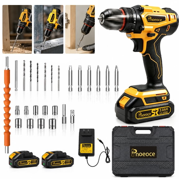 Pnoeoce 20V Cordless Drill Set,Power Drill Kit with 2x3 Ah Battery,3/8-Inch Keyless Chuck,2-Variable Speed