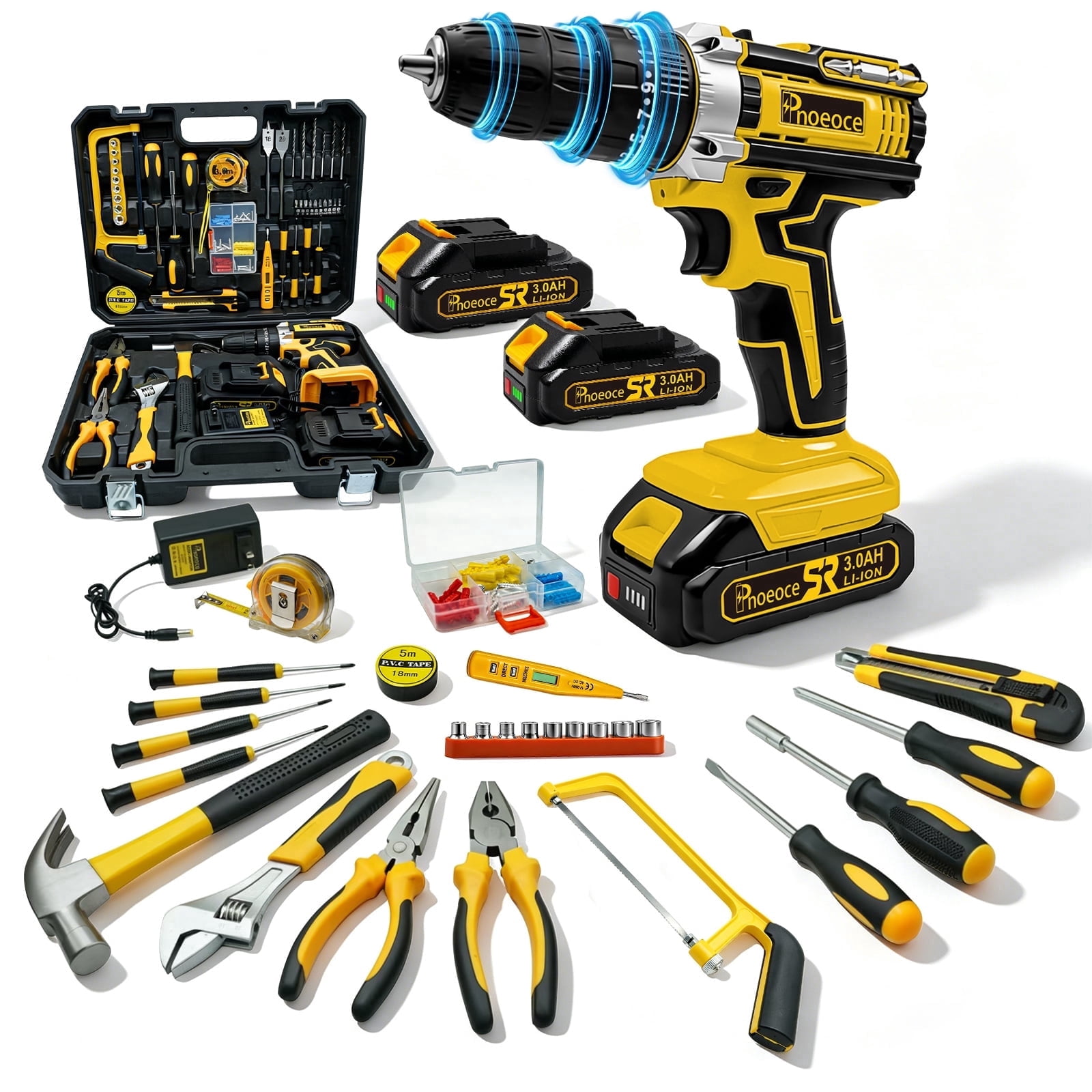 Pnoeoce 20V Cordless Drill Set,148 Pcs Power Drill Tool with 2x 3000mAh Battery,Drill Tool Kit Set with Storage Organizer Case for Men Women