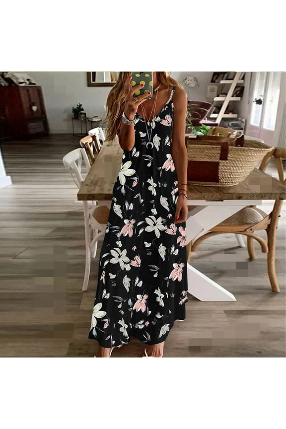 Best Dresses For Women Summer Casaul Print Camis Sleeveless V Neck Vest Dress