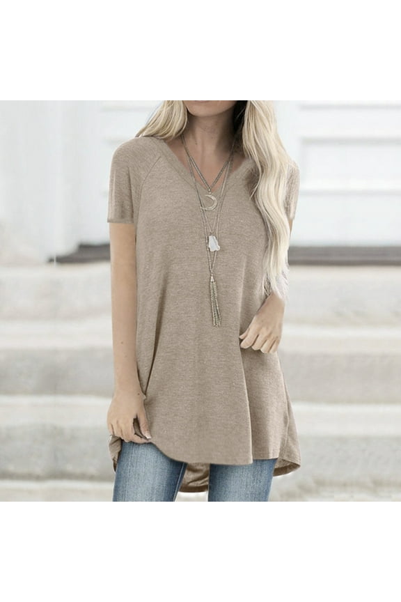 Best Women Blouse Plus Size Print V Neck Short Sleeve Long T Shirt