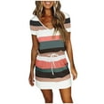 thumbnail image 1 of Pntutb Best Women Dresses Casual V Neck Short Sleeve Bandage Stripe Print Loose Dress, 1 of 6