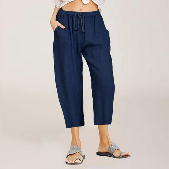 Pntutb Best Women Pants Solid Drawstring Elastic Waist Wide Leg Pant Cropped Trousers