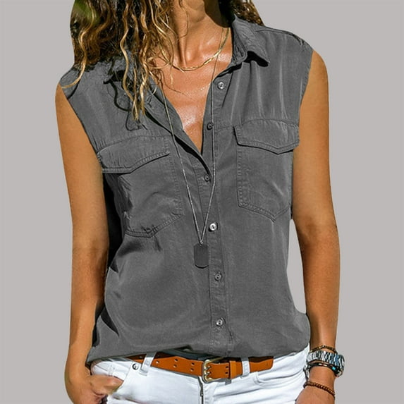 Pntutb Best Women Shirts Casual Solid Sleeveless Turn Down Collar Pockets Buttons Tops