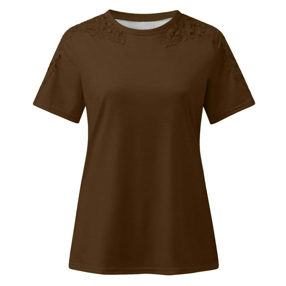 Pntutb Best Women Shirts Ladies Solid Short Sleeve Round Neck Pullover Lace Tops Blouse