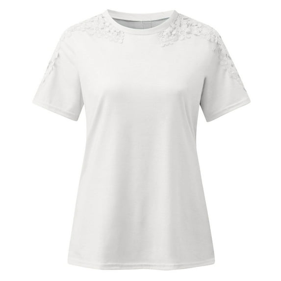 Pntutb Best Women Shirts Ladies Solid Short Sleeve Round Neck Pullover Lace Tops Blouse