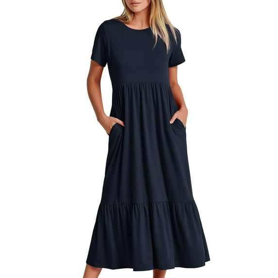 Pntutb Best Womens Summer Dresses Short Sleeve Flowy Tiered Maxi Beach Dress With Pockets
