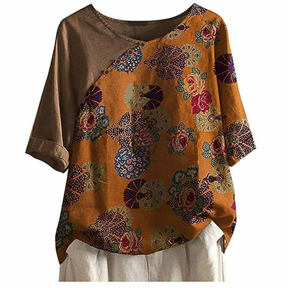 Pntutb Best Womens Summer Shirts O Neck 3/4 Sleeve Print Loose Tops Blouse