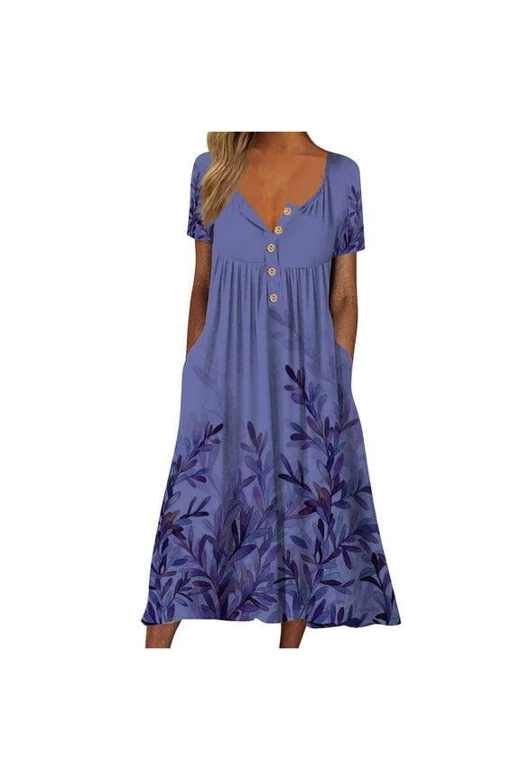 Dresses for Women Casual Round Neck Print Summer Short Sleeve Dress Pockets