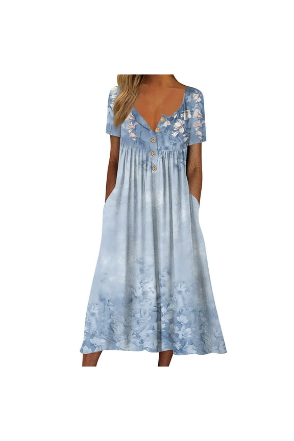 Dresses for Women Casual Round Neck Print Summer Short Sleeve Dress Pockets