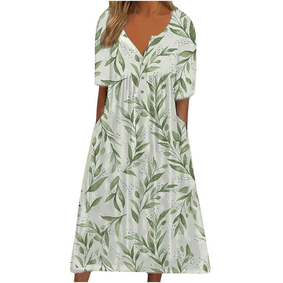 Pntutb Dresses for Women Casual Round Neck Print Summer Short Sleeve Dress Pockets