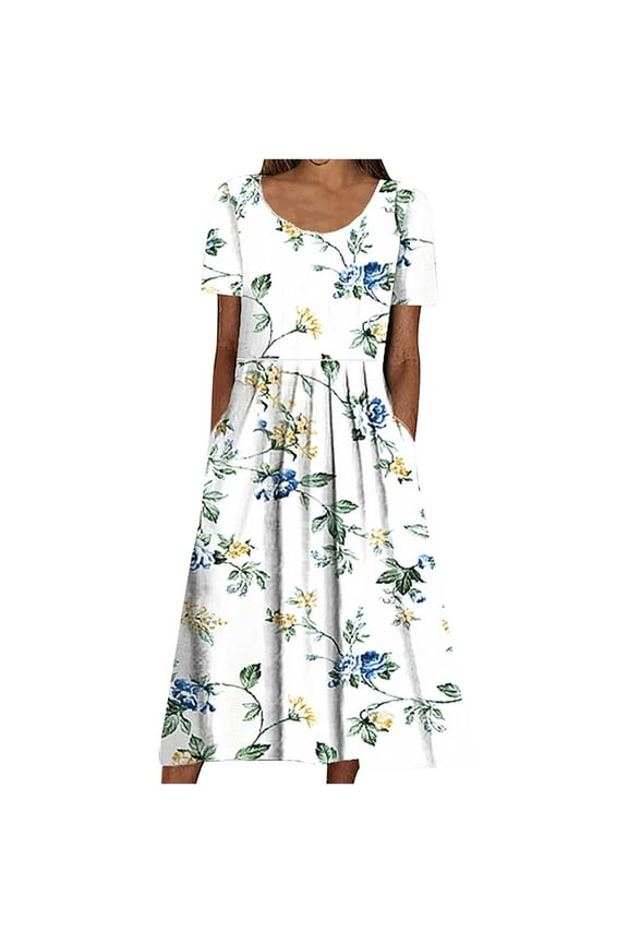 Dresses for Women Casual Round Neck Print Summer Short Sleeve Dress Pockets