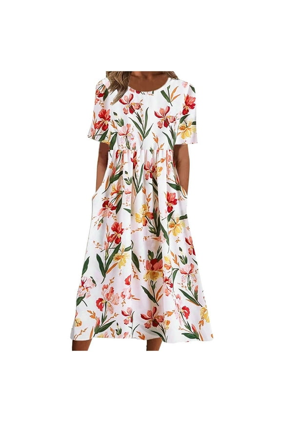 Pntutb Dresses for Women Casual Round Neck Print Summer Short Sleeve Dress Pockets