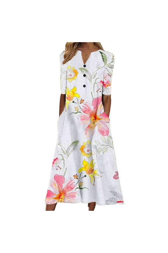 Dresses for Women Casual Round Neck Print Summer Short Sleeve Dress Pockets