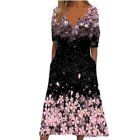 Pntutb Dress for Women Casual Round Neck Print Summer Short Sleeve Dresses Pockets
