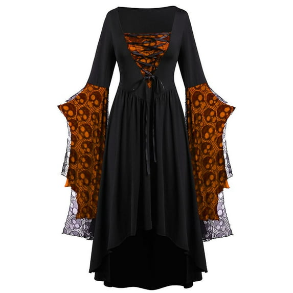 Pntutb Dresses for Women Plus Size Skull Lace Print Long Sleeve Bandage Retro Long Dress Orange XXXXL