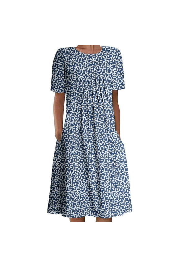 Pntutb Dresses for Women Summer Bohemian Print Short Sleeve Beach Dress Knee Length Dress Dark Blue XXL
