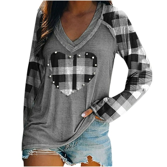 Pntutb Clearance Women Autumn V-Neck Love Print Long Sleeve Casual Loose T-Shirt Top