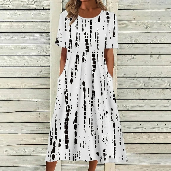 Pntutb Womens Casual Round Neck Print Summer Short Sleeve Pockets Dress Black M