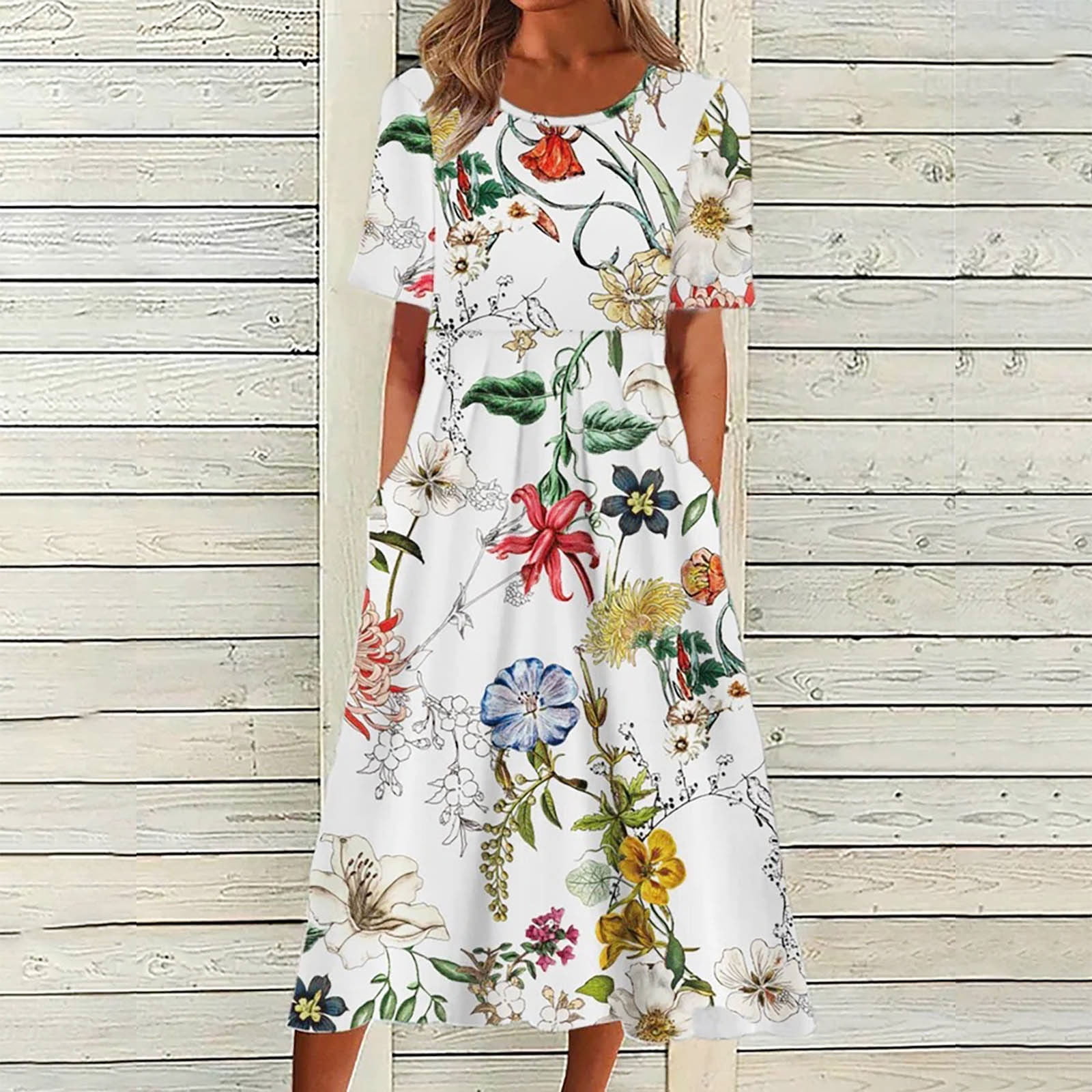 Printed Pleated Short Sleeve Round Neck Dress HWFQHAS2CY main image 0